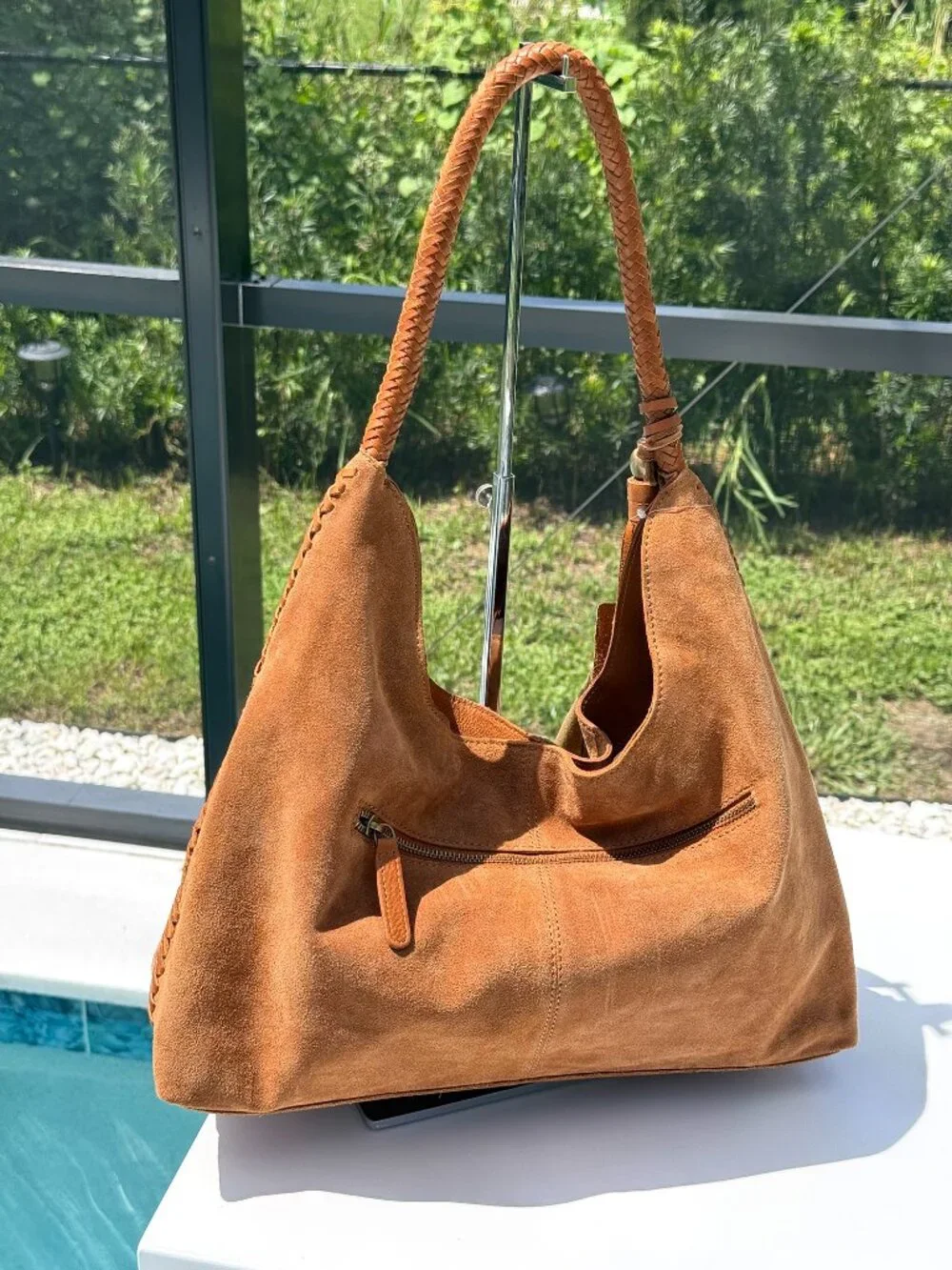 Vilenca Holland Suede Slouchy Hobo Shoulder Bag Cognac Boho Whipstitch Tassl NWT